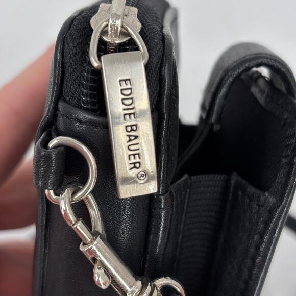 Eddie Bauer Crossbody Travel Wallet Bag Black Leather Zip Around Mini - Picture 3 of 12
